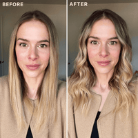 Before and after comparison of a woman with styled hair.
