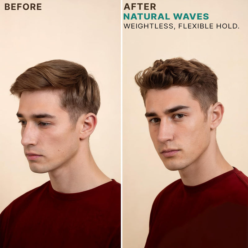 Natural waves, weightless, flexible hold, before and after on a man