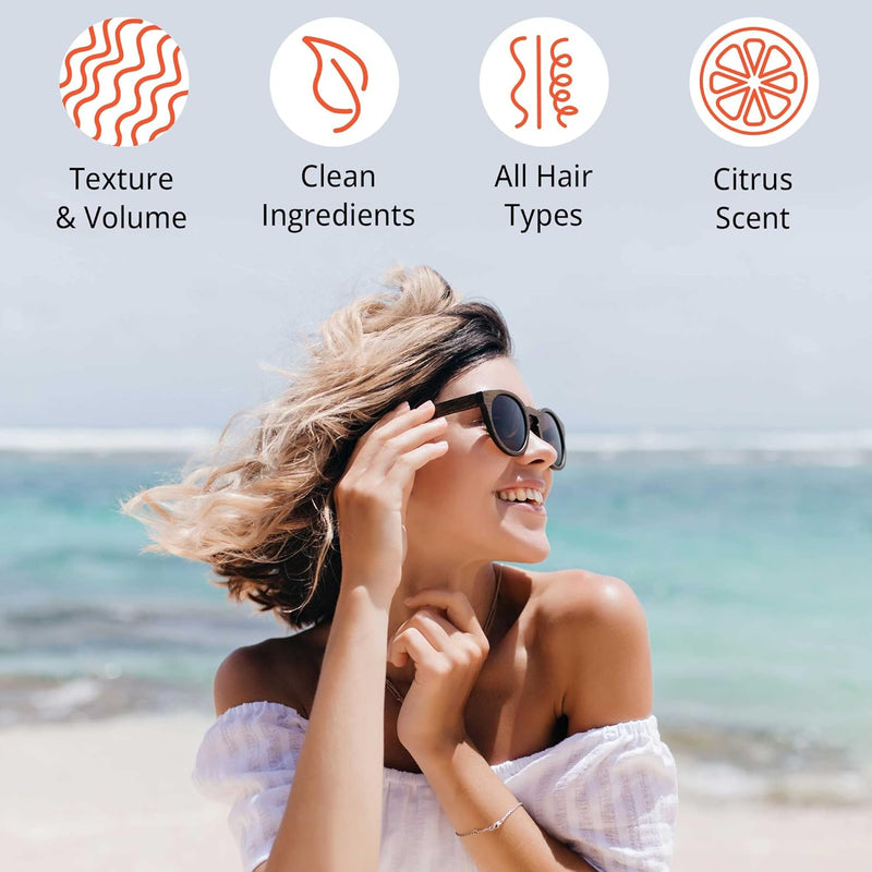 Texture and volume, clean ingredients, all hair types, citrus scent.