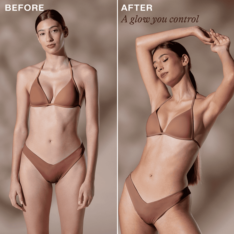 Before and after comparison of a woman in a brown bikini against a neutral background.