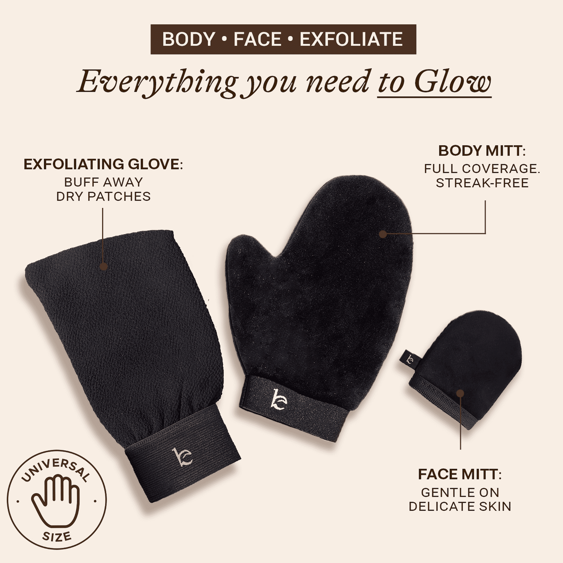 Black exfoliating gloves and mitts with product descriptions on a beige background