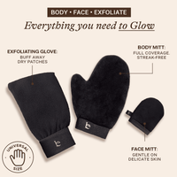 Black exfoliating gloves and mitts with product descriptions on a beige background