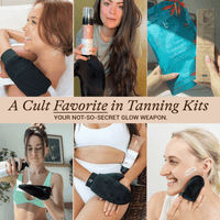 Collage of people using tanning products with text 'A Cult Favorite in Tanning Kits'.