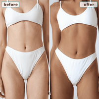 Before and after comparison of a person wearing a white bikini.