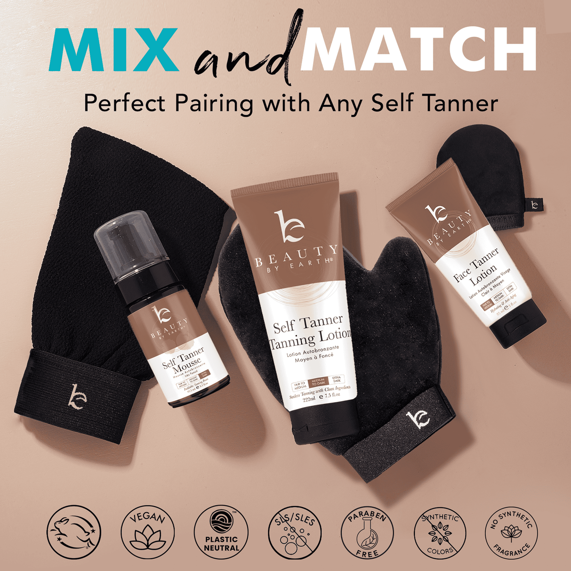 Beauty by Skin Inc. self Tanner products including lotion, mitt, and spray on a beige background with 'Mix and Match' text.