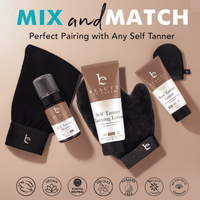 Beauty by Skin Inc. self Tanner products including lotion, mitt, and spray on a beige background with 'Mix and Match' text.