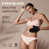 Woman wearing a beige strapless top and underwear set with a black glove, against a beige background. Text highlights 'Even Blend' product features.