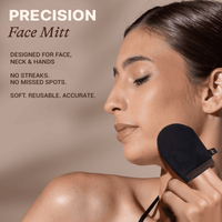 Woman using a precision face mitt with text highlighting its features.