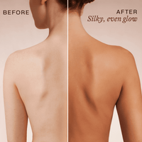 Before and after comparison of a person's back with 'Silky, even glow' text.