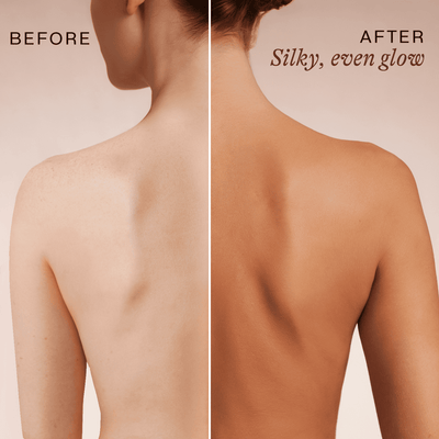 Before and after comparison of a person's back with 'Silky, even glow' text.