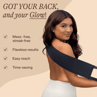 Woman using a back scrubber with text highlighting its features on a beige background