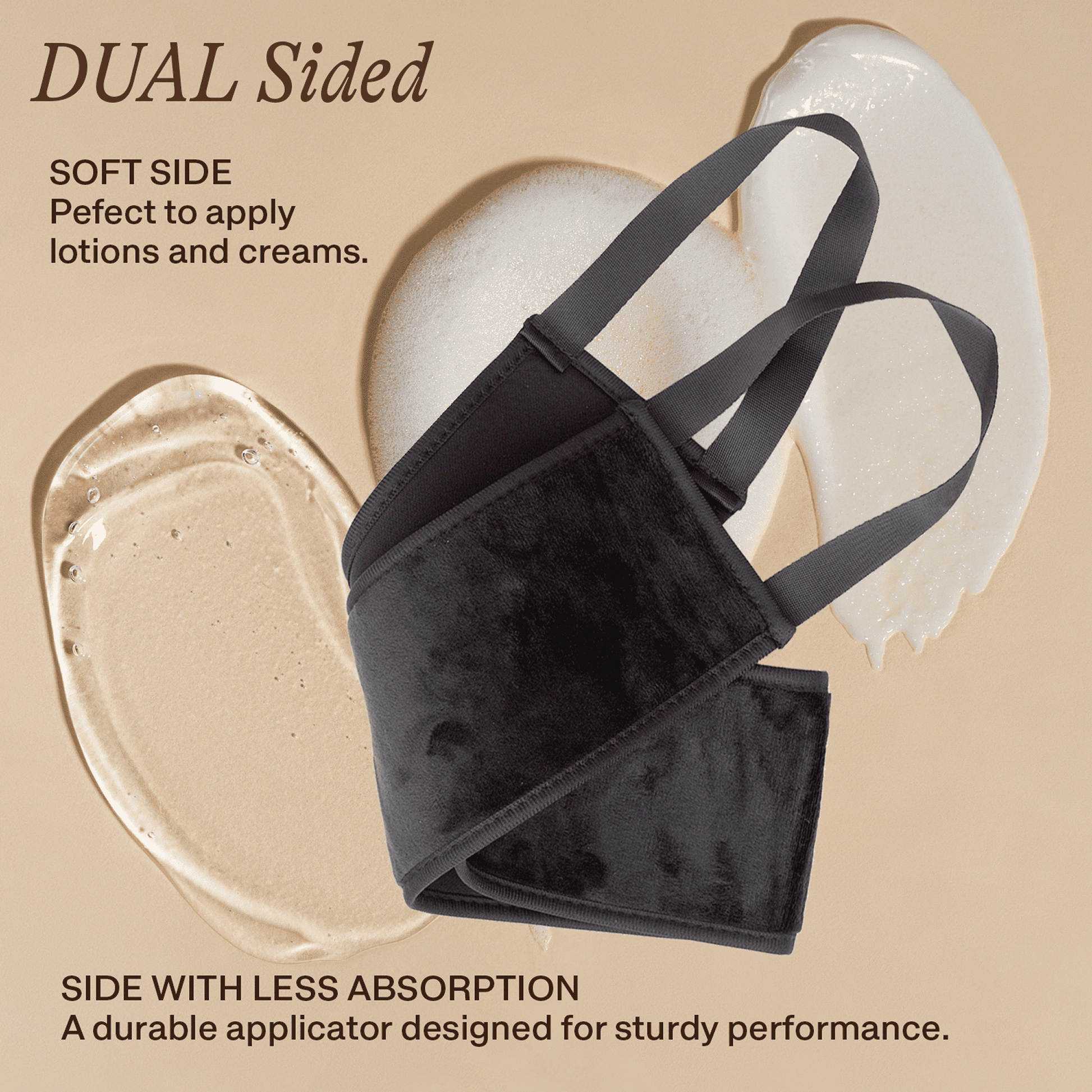 Black applicator with text describing its dual-sided design on a beige background
