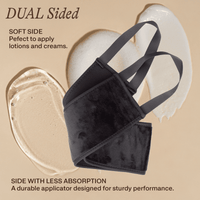 Black applicator with text describing its dual-sided design on a beige background