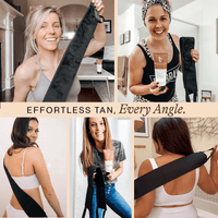 Collage of women using a tanning product with text 'Effortless Tan, Every Angle.'