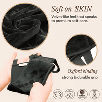 Black velvet pouch held in hand with close-ups of texture and binding, labeled 'Soft on Skin' and 'Oxford binding'.