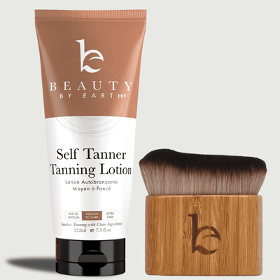 Self tanning lotion with kabuki body brush applicator on a light gray background