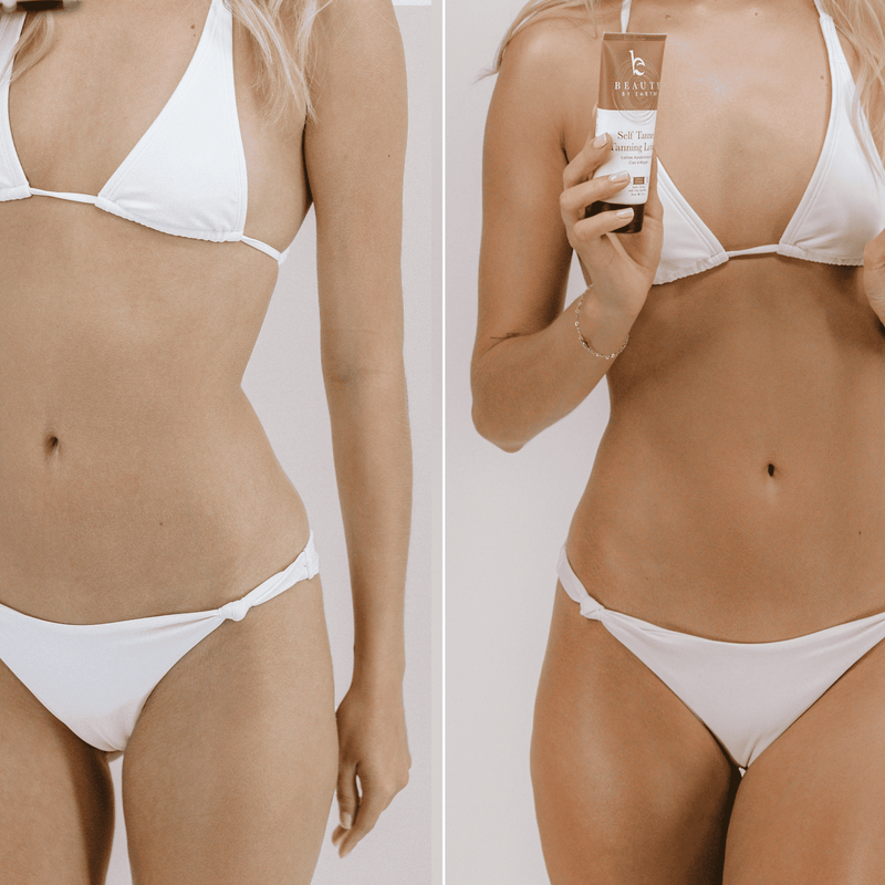 Woman in white bikini holding a bottle of self tanner.
