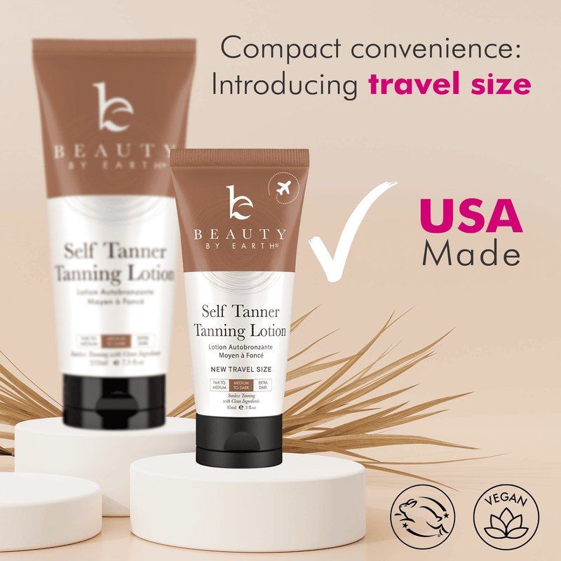Two tubes of 'Beauty by Earth' self Tanner tanning lotion with text highlighting travel size and USA made on a beige background.