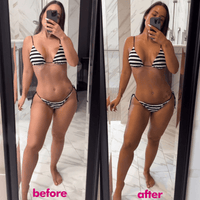 Before and after comparison of a person wearing a black and white striped bikini.