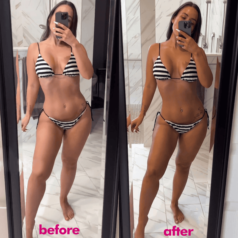 Before and after comparison of a person wearing a black and white striped bikini.