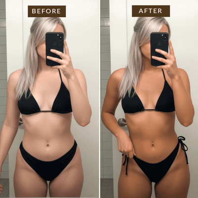 Before and after comparison of a person using self tanner