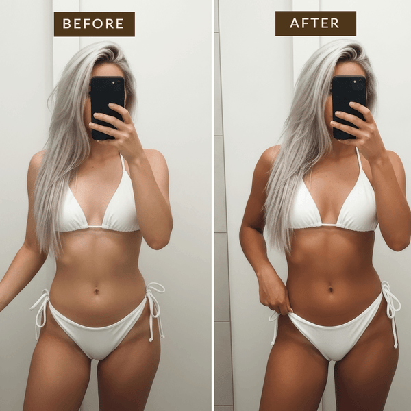 Before and after comparison of a person wearing a white bikini.