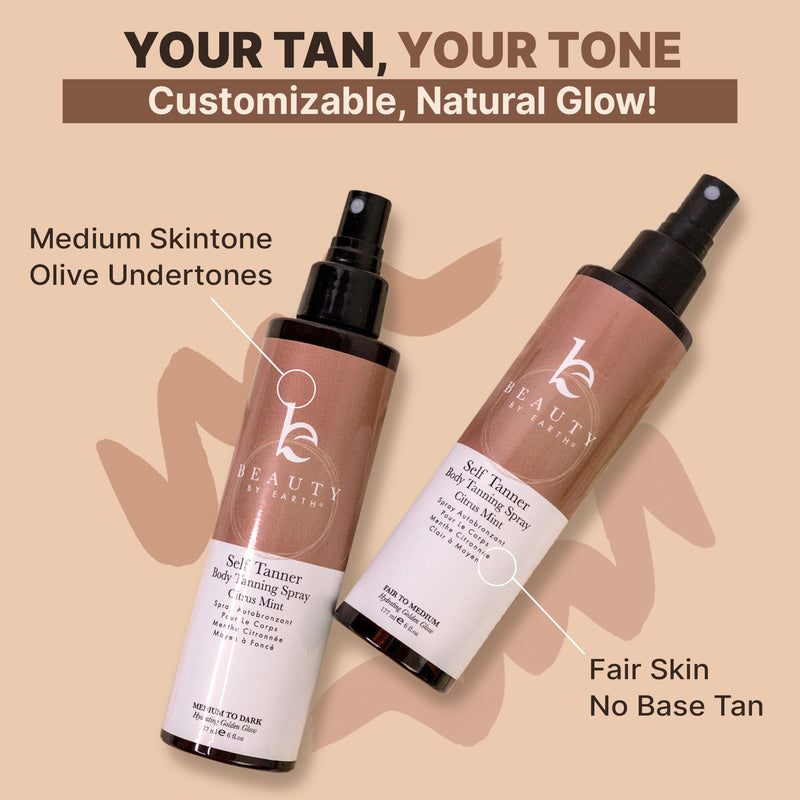 Your Tan, Your Tone. Customizable, natural glow! Medium Skin Tone, Olive Undertones. Fair Skin, no base tan.