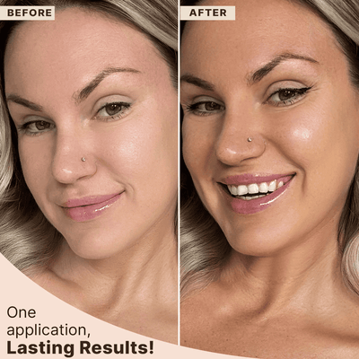 Before and after comparison of a woman's face after using Beauty by Earth self tanning serum and facial kabuki brush with text 'One application, Lasting Results!'