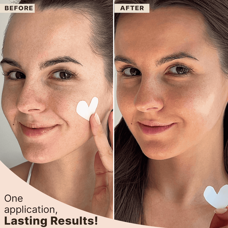 Before and after comparison of a woman applying a Beauty by Earth self tanning facial serum product to her face. One application, lasting results!