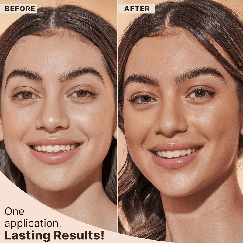 Before and after comparison of a woman's face after using self tanning facial serum with text 'One application, Lasting Results!'
