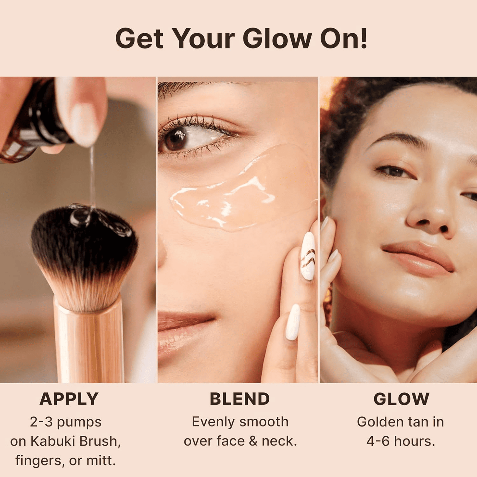Self tanning face serum product application process with text instructions on a beige background