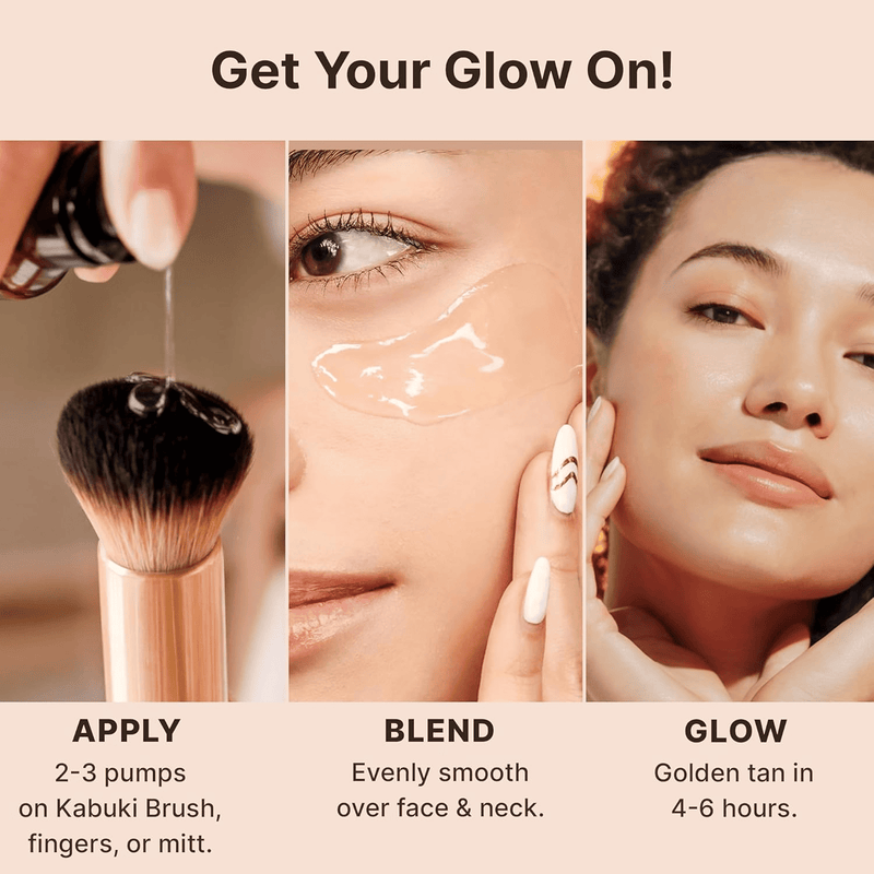 Self tanning face serum product application process with text instructions on a beige background