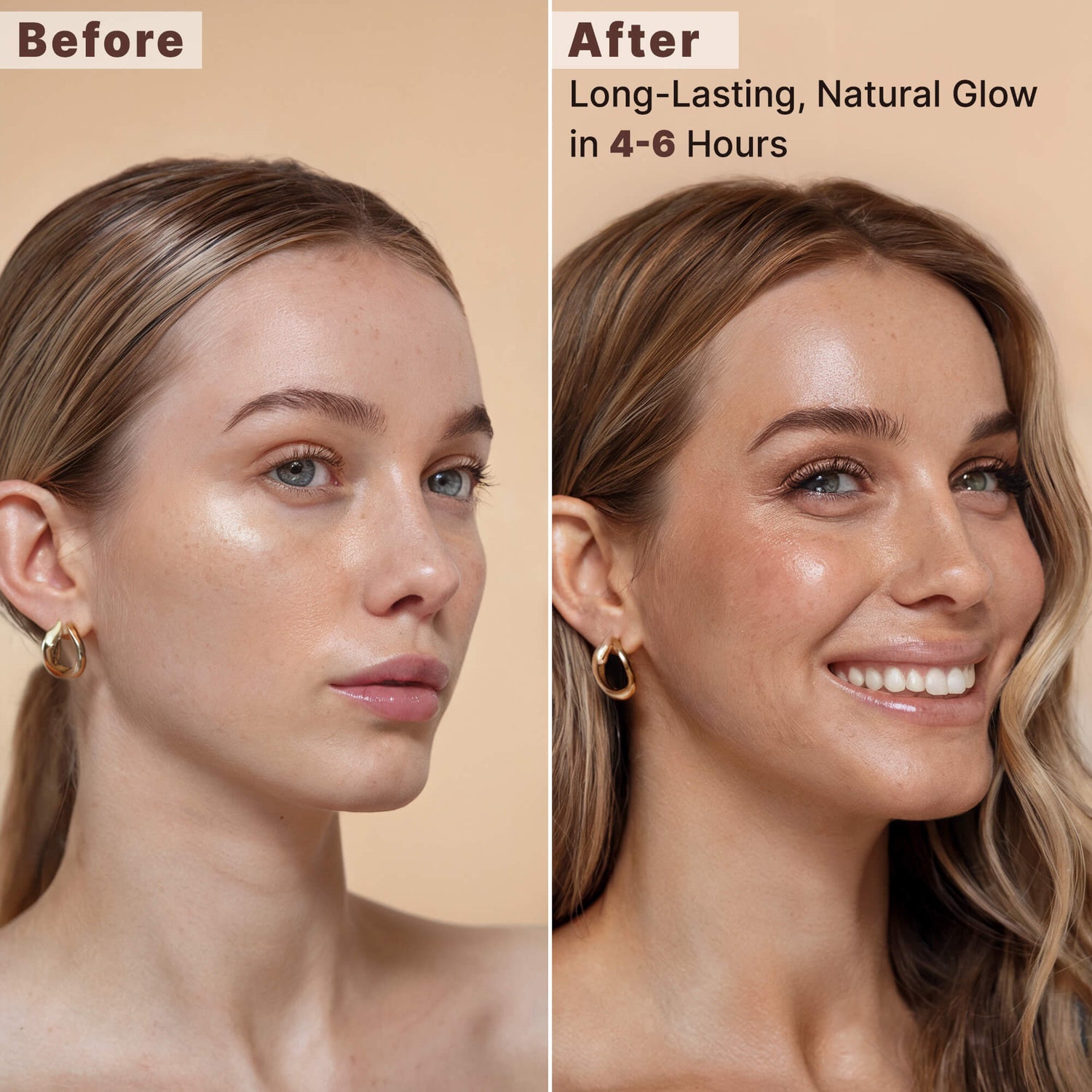 Before and after comparison of a woman's face with a natural glow, showing long-lasting effect.
