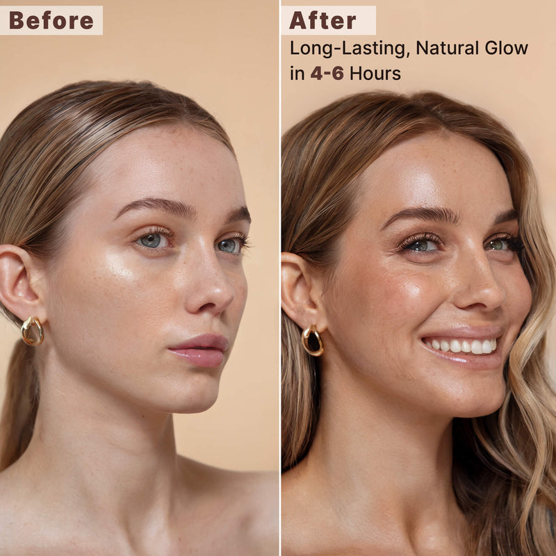 Before and after comparison of a woman's face with a natural glow, showing long-lasting effect.