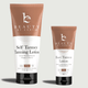Two tubes of 'Beauty by Earth' tanning lotion, one of the self tanning body lotion and one of the face tanner lotion on a light gray background