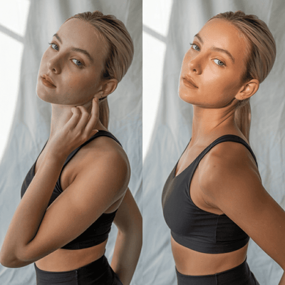 Side-by-side comparison of a woman before and after using self tanning body lotion wearing a black sports bra and leggings against a neutral background.