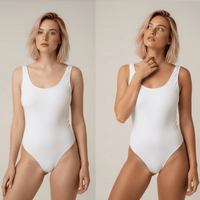 Before and after with a blonde model after using Beauty by Earth self tanning body and face lotion. 