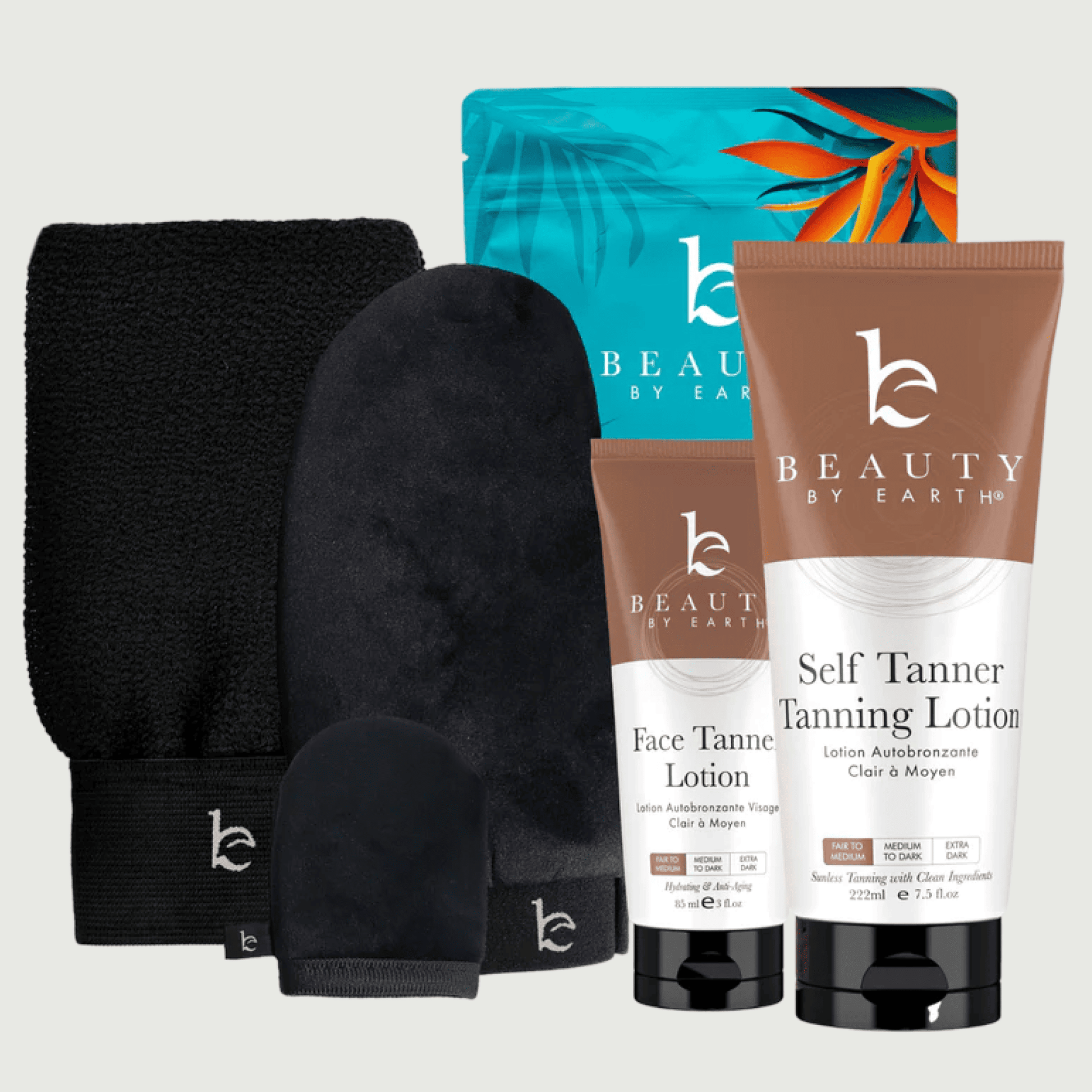 Beauty by Earth Self Tanner Tanning Lotion for body and face tanner lotion next to the 3 pack applicator mitt for body, face and exfoliation