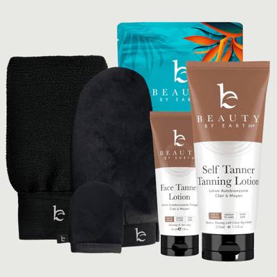 Beauty by Earth Self Tanner Tanning Lotion for body and face tanner lotion next to the 3 pack applicator mitt for body, face and exfoliation
