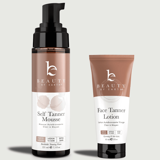 Beauty by Earth self tanning mousse and face tanner lotion fair to medium on a light gray background.