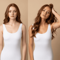 Woman wearing a white bodysuit against a plain background showing before and after results of self tanning mousse and face lotion bundle.