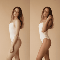 Woman wearing a white bodysuit against a plain background showing before and after results of self tanning mousse and face lotion bundle.