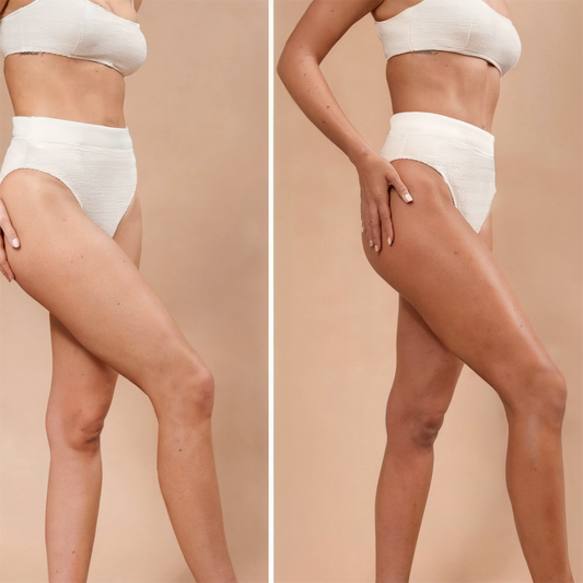 A before and After of kyla showing her results from using Self Tanner Body Mousse Medium to Dark