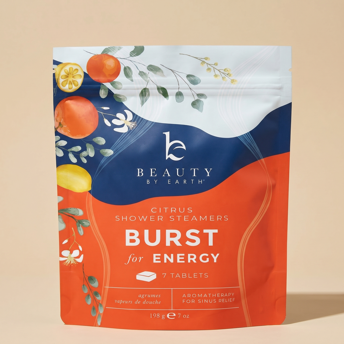 A stand-up pouch of Beauty by Earth Shower Steamers, Burst featuring a green and dark blue design with botanical illustrations, set against a solid beige background.