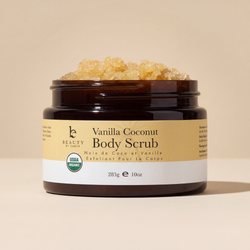 Vanilla Coconut Body Scrub jar with visible scrub