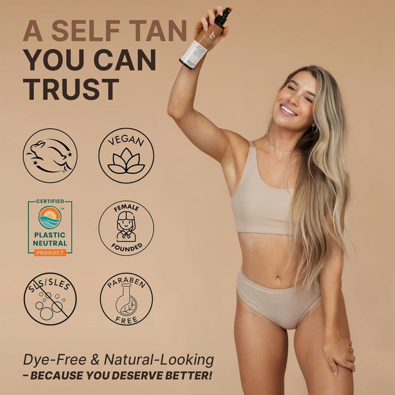 A self tan you can trust - vegan, plastic neutral, female founded, paraben free, dye-free and natural looking - because you deserve better!