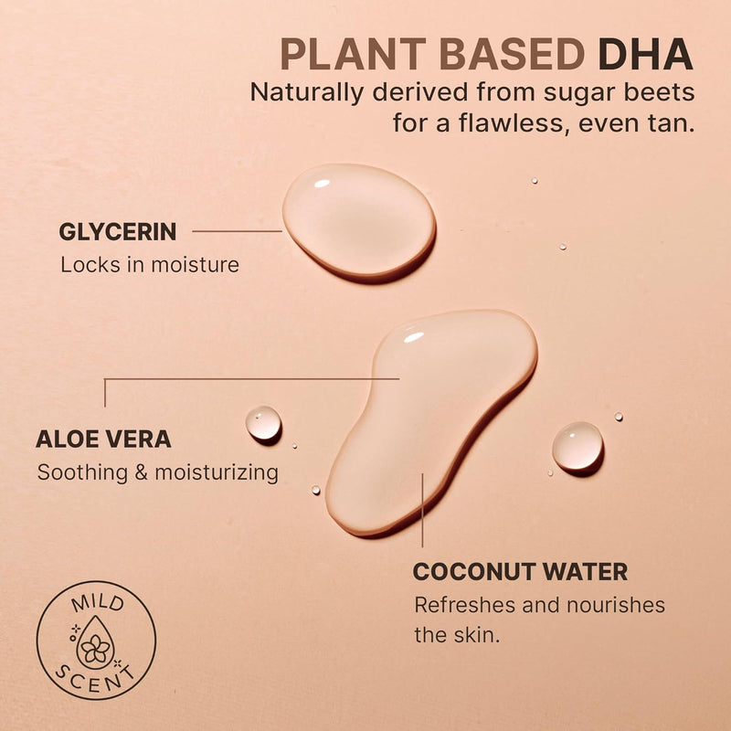 Plant based DHA naturally derived from sugar beets for a flawless, even tan. Glycerin - locks in moisture, aloe vera - soothing and moisturizing, coconut water - refreshes and nourishes the skin. Mild scent