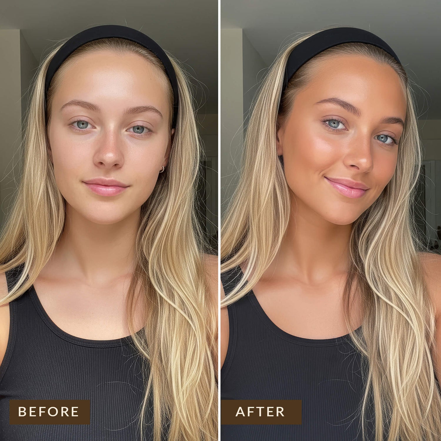 Before and after comparison of a woman with long blonde hair, wearing a black headband.