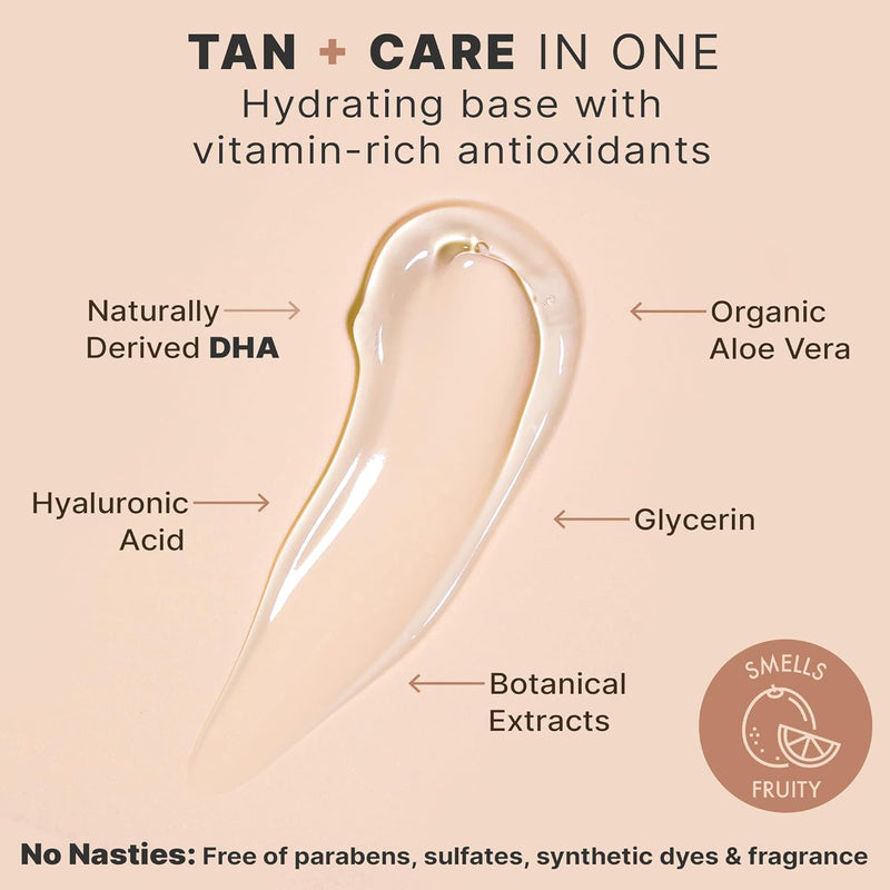 Tan and care in one, hydrating base with vitamin-rich antioxidants. Naturally derived DHA, organic aloe vera, hyaluronic acid, glycerin, botanical extracts. No nasties: free of parabens, sulfates, synthetic dyes and fragrance. Smells fruity.