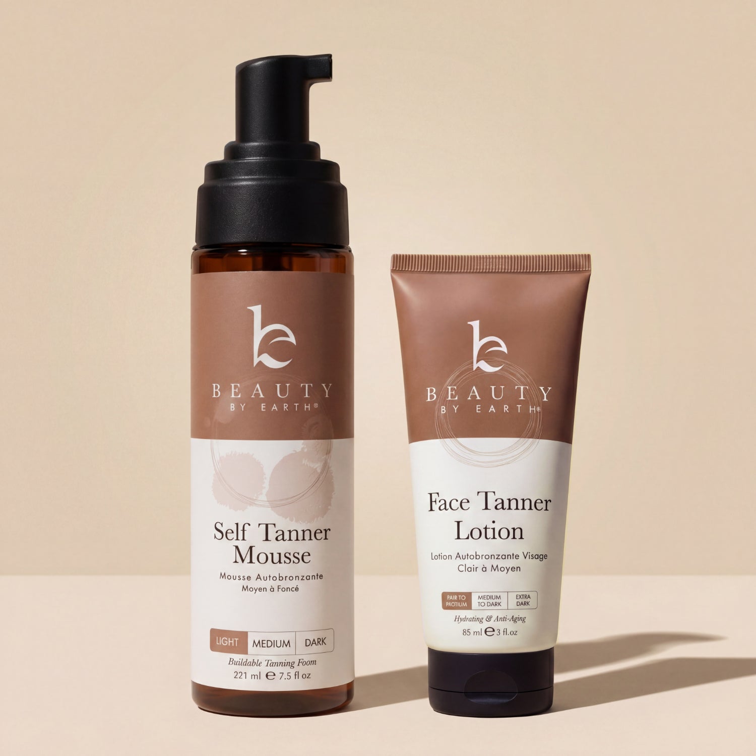Beauty by Earth self tanning mousse and face tanner lotion light.